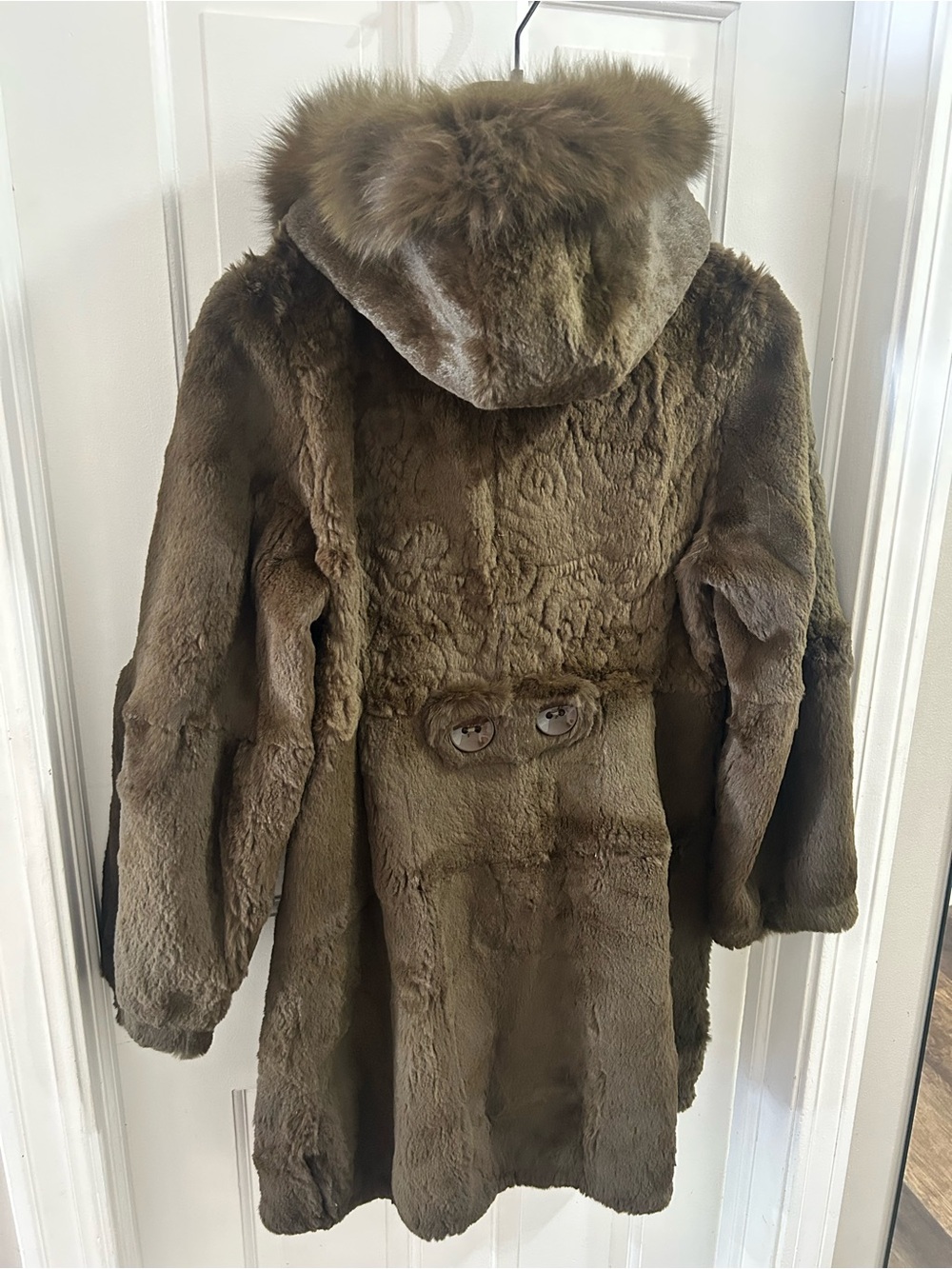 Olive Green Rabbit Fur Coat Genuine Fox Fur Hood Collar M/L - Picture 8 of 11